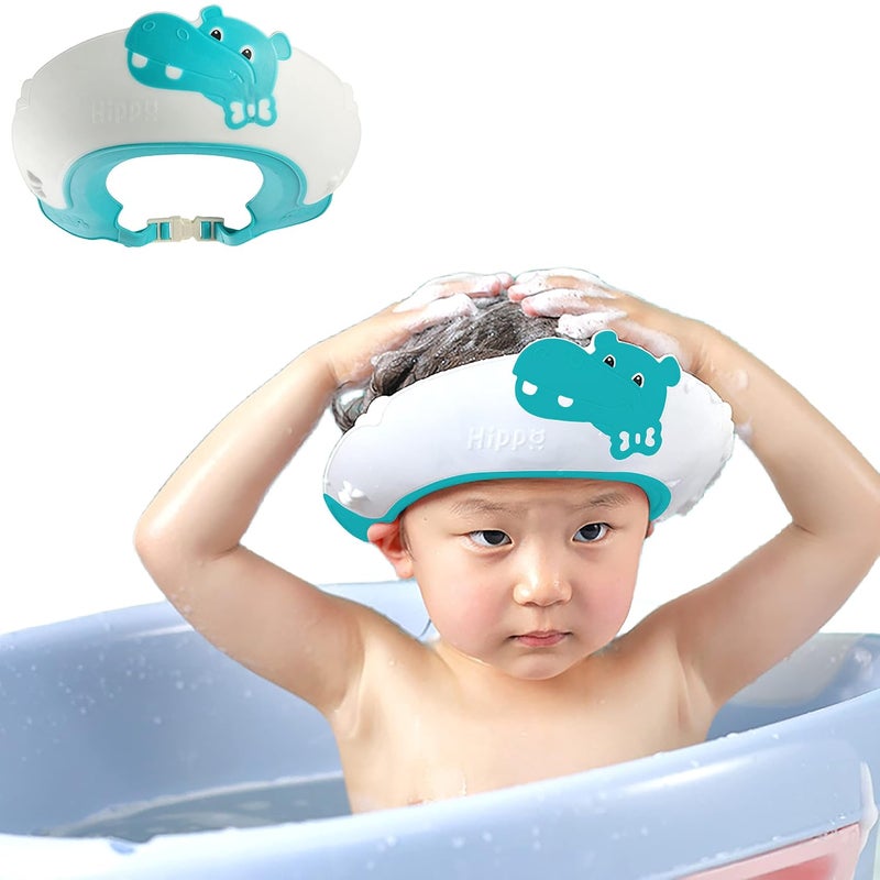 Thcbme Baby Shower Cap Shield, Shower Cap for Kids, Visor Hat for Eye and Ear Protection for 0-9 Years Old Children,Cute Dinosaur/Crocodile/Hippo shape Makes the Baby Bath More Fun (Hippo, Blue) - Image 2